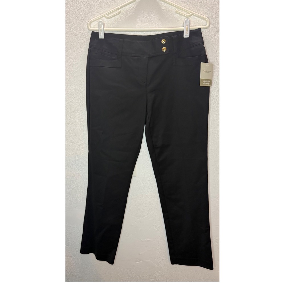 Madison Dress Pants Women's 4 Black NEW Silhouette Slimming Gold Button Stretch